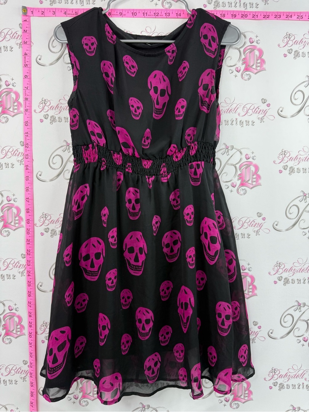 Sourpuss dress skulls printed Black Dress with Fuchsia pink purple Skull Print